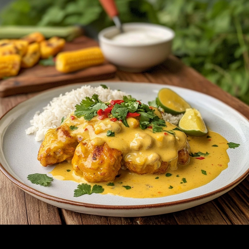 A plate of Churu Chicken Amarillo with rice, yellow sauce, cilantro, red chili, and lime wedges.