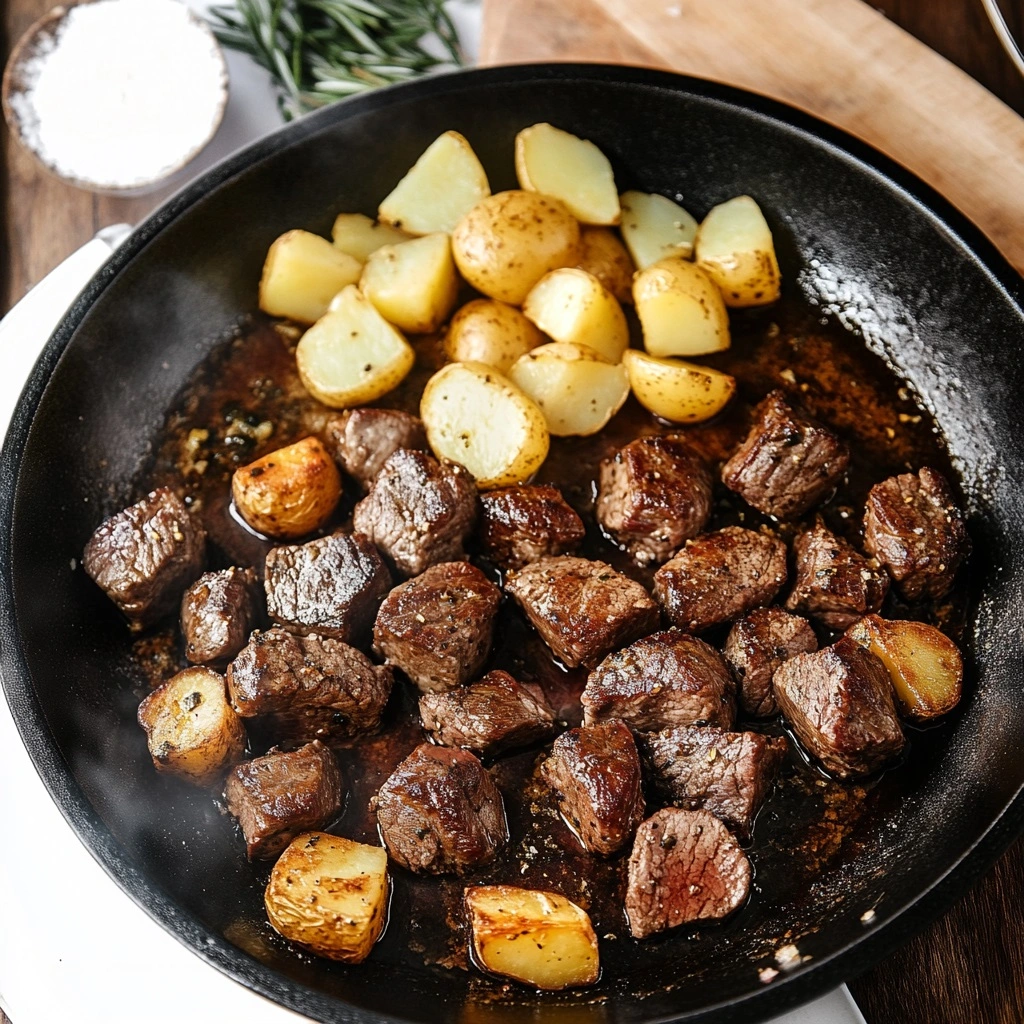 Garlic butter steak bites and crispy potatoes tossed in herb butter.