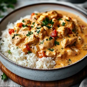 Creamy smothered chicken and rice in cast iron skillet with golden gravy and fresh parsley garnish