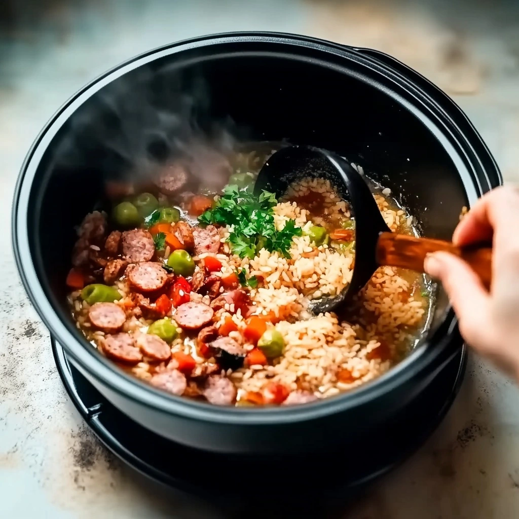 Step-by-Step One-Pot Spanish Rice and Sausage Preparation in a Cast Iron Skillet with Fresh Vegetables