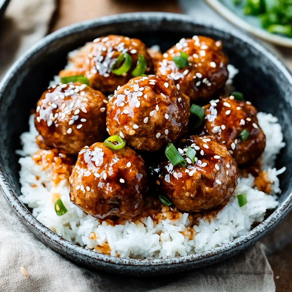 Juicy teriyaki turkey meatballs glazed in sticky homemade sauce, garnished with sesame seeds and green onions