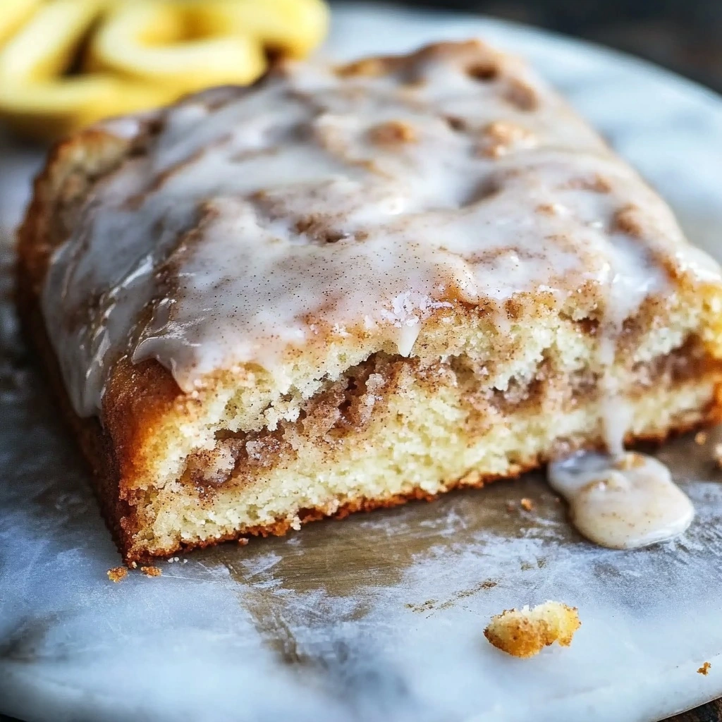 Easy Cinnamon Roll Cake sliced and drizzled with icing, close-up shot