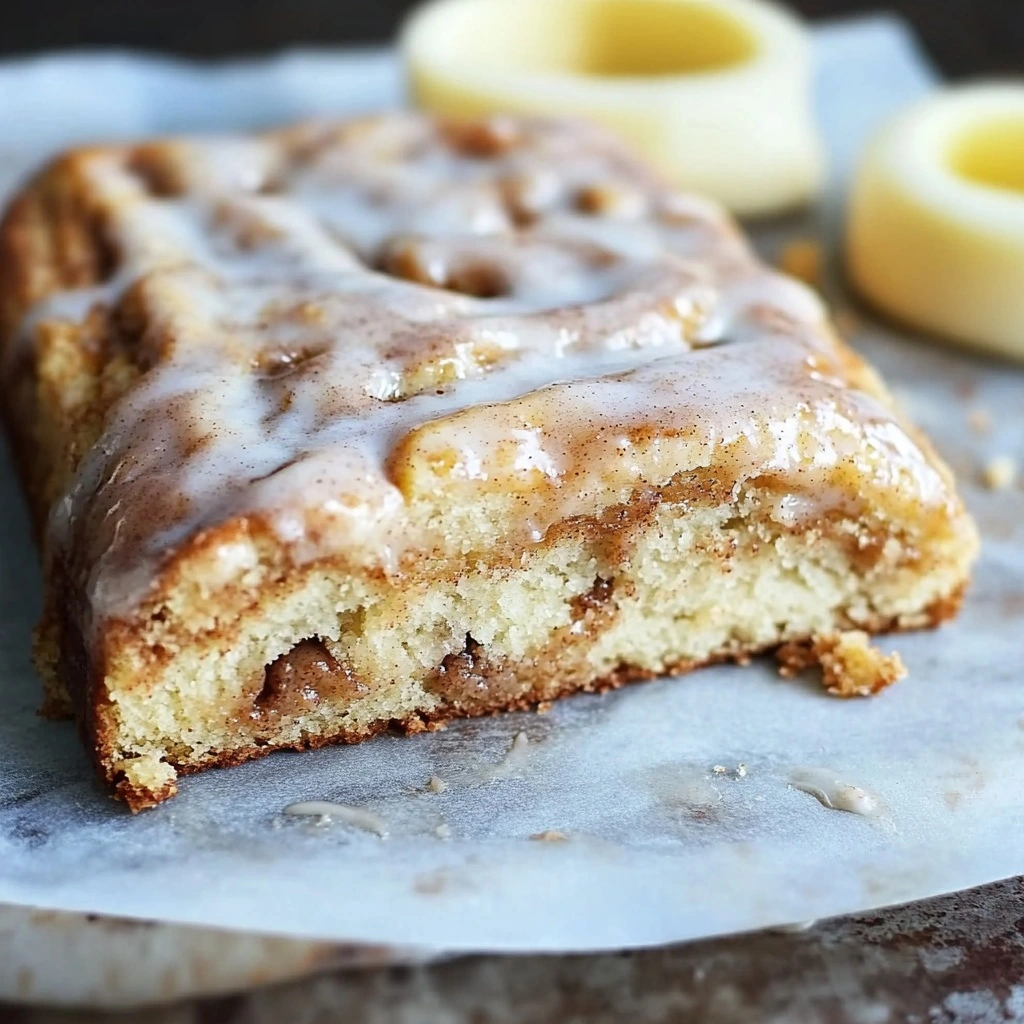 Homemade Cinnamon Roll Cake with cream cheese glaze on a white plate