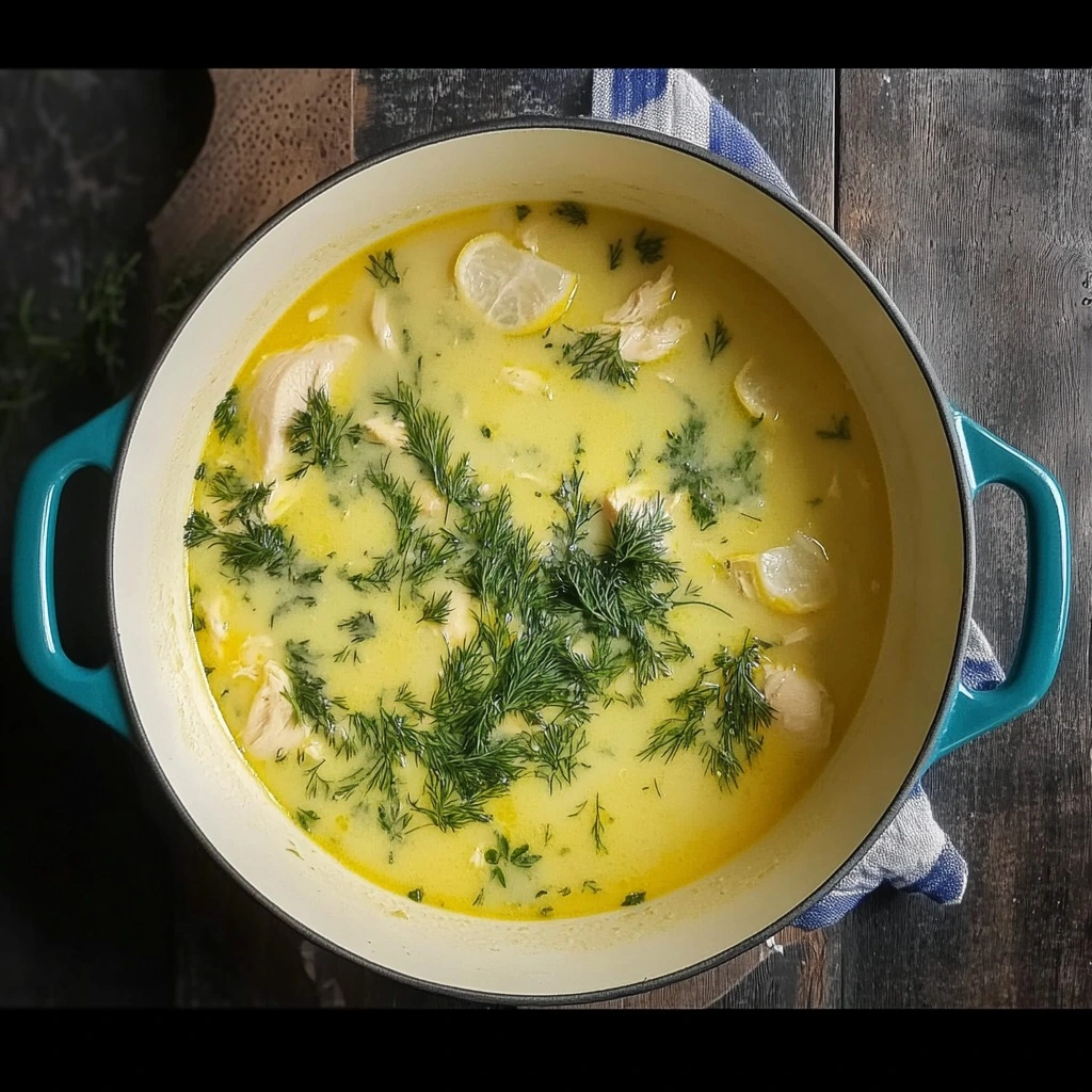 Simmering chicken and orzo in broth for Greek lemon soup