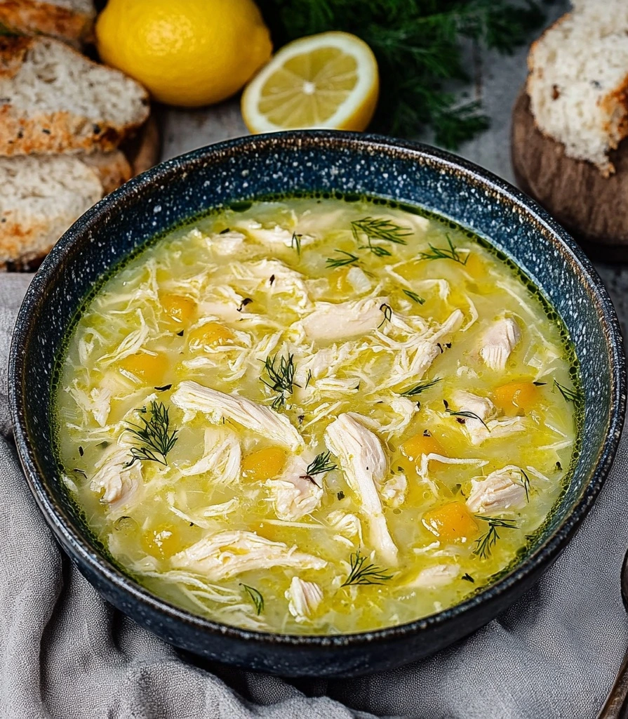 Traditional Greek avgolemono soup served with crusty bread and olive oil drizzle
