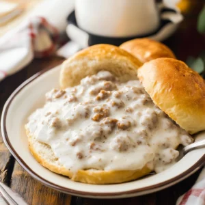 Creamy homemade sausage gravy poured over flaky buttermilk biscuits in cast iron skillet