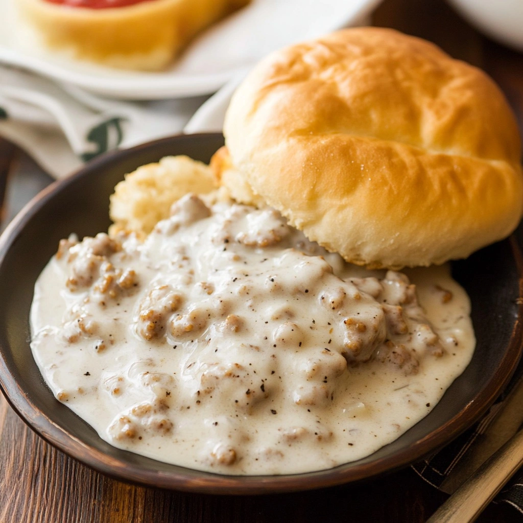 Close-up of perfect sausage gravy showing tender sausage crumbles and silky texture