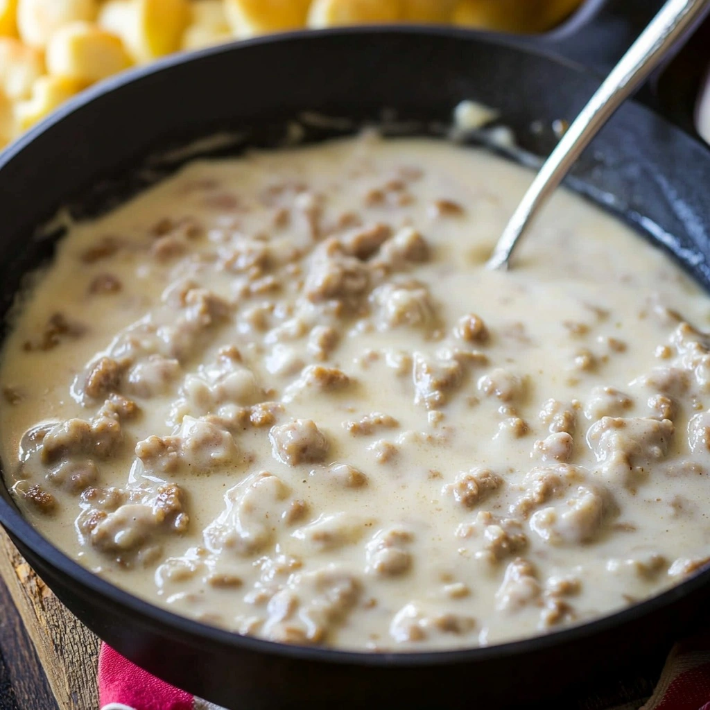 Mixing roux for sausage gravy in stainless steel pan showing perfect golden-brown color