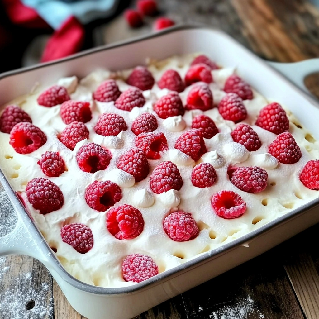 Pouring raspberry jam over a freshly baked vanilla poke cake.