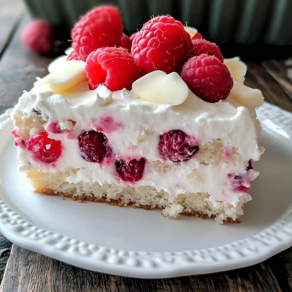 Finished white chocolate raspberry poke cake garnished with fresh berries and chocolate shavings—perfect for parties!
