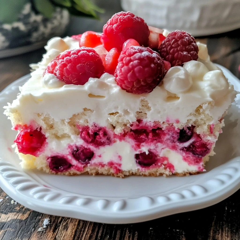 Slice of white chocolate raspberry poke cake with dripping ganache and fresh raspberries on top.