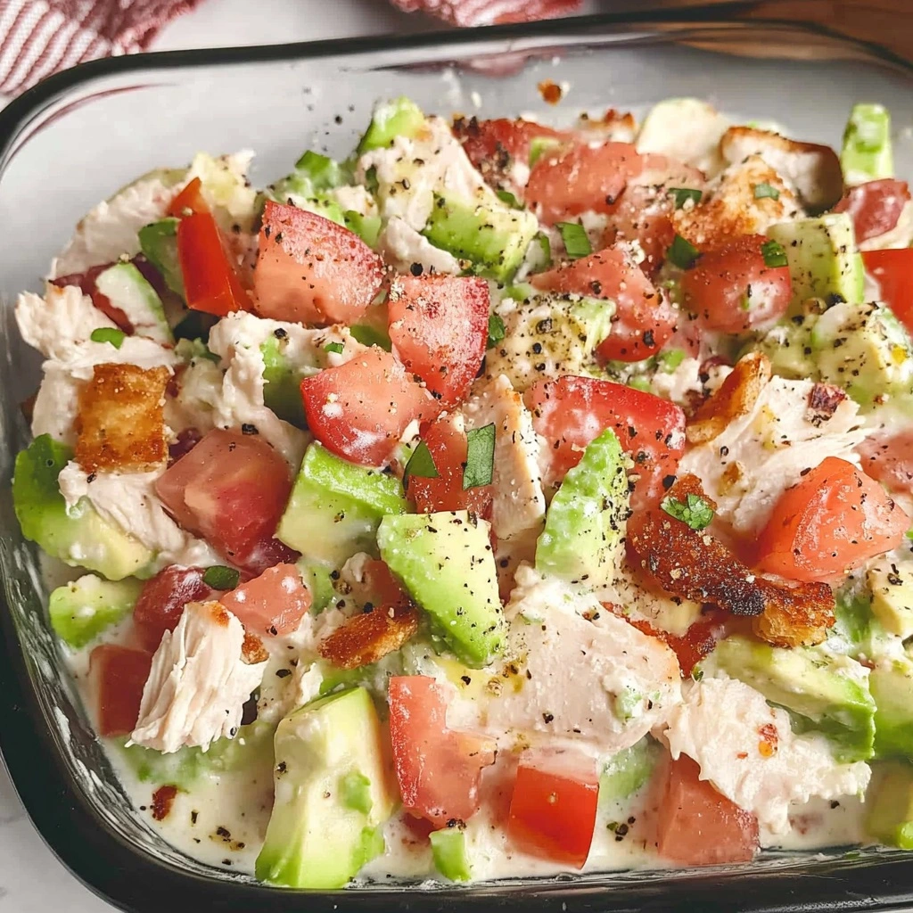Creamy BLT Chicken Salad Sandwich on a wooden board