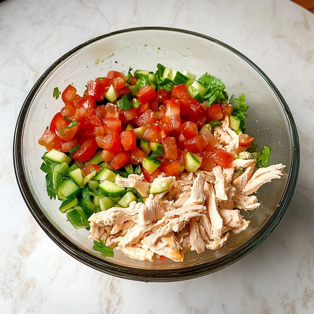 Mixing BLT Chicken Salad ingredients in a large bowl