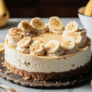 Close-up of banana pudding cheesecake slice showing layered bananas and creamy texture