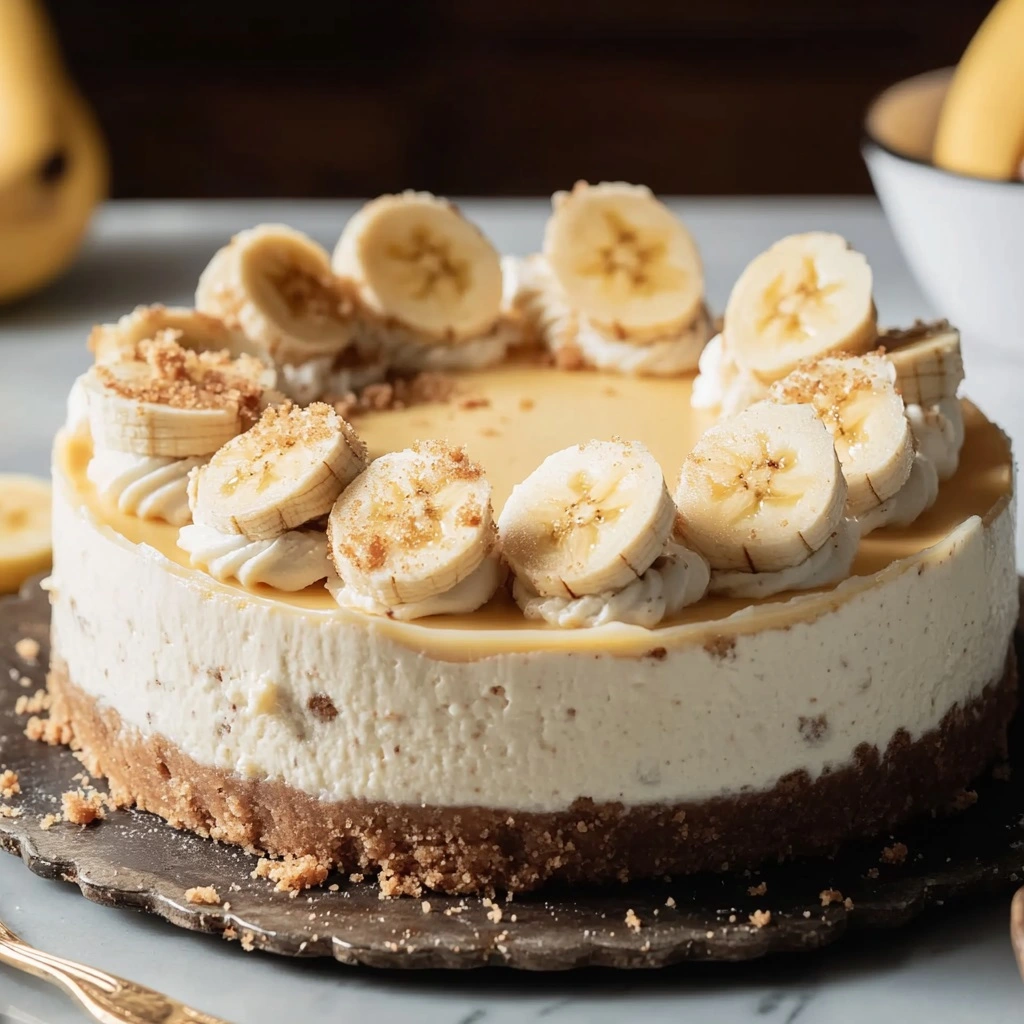 Close-up of banana pudding cheesecake slice showing layered bananas and creamy texture