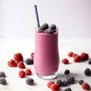 Close-up of thick berry smoothie pouring into glass with yogurt and protein powder visible
