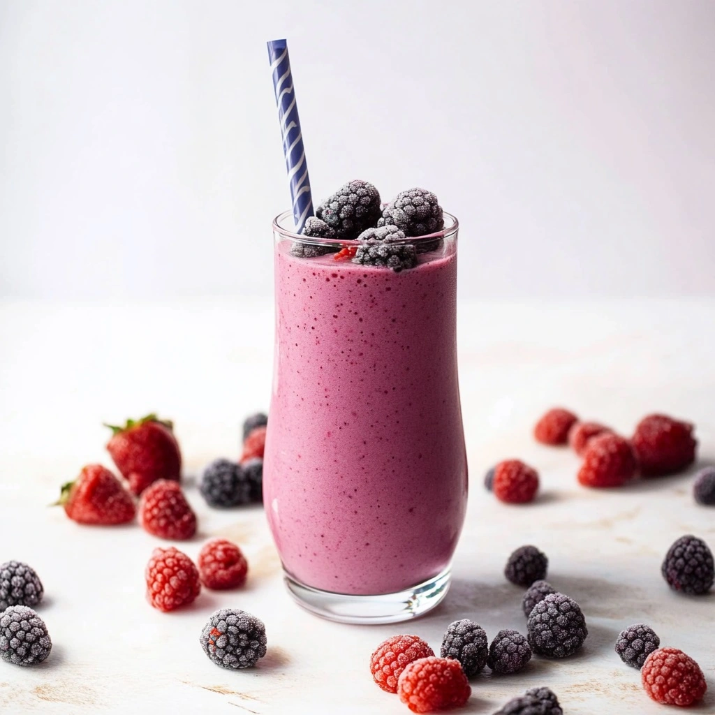 Close-up of thick berry smoothie pouring into glass with yogurt and protein powder visible