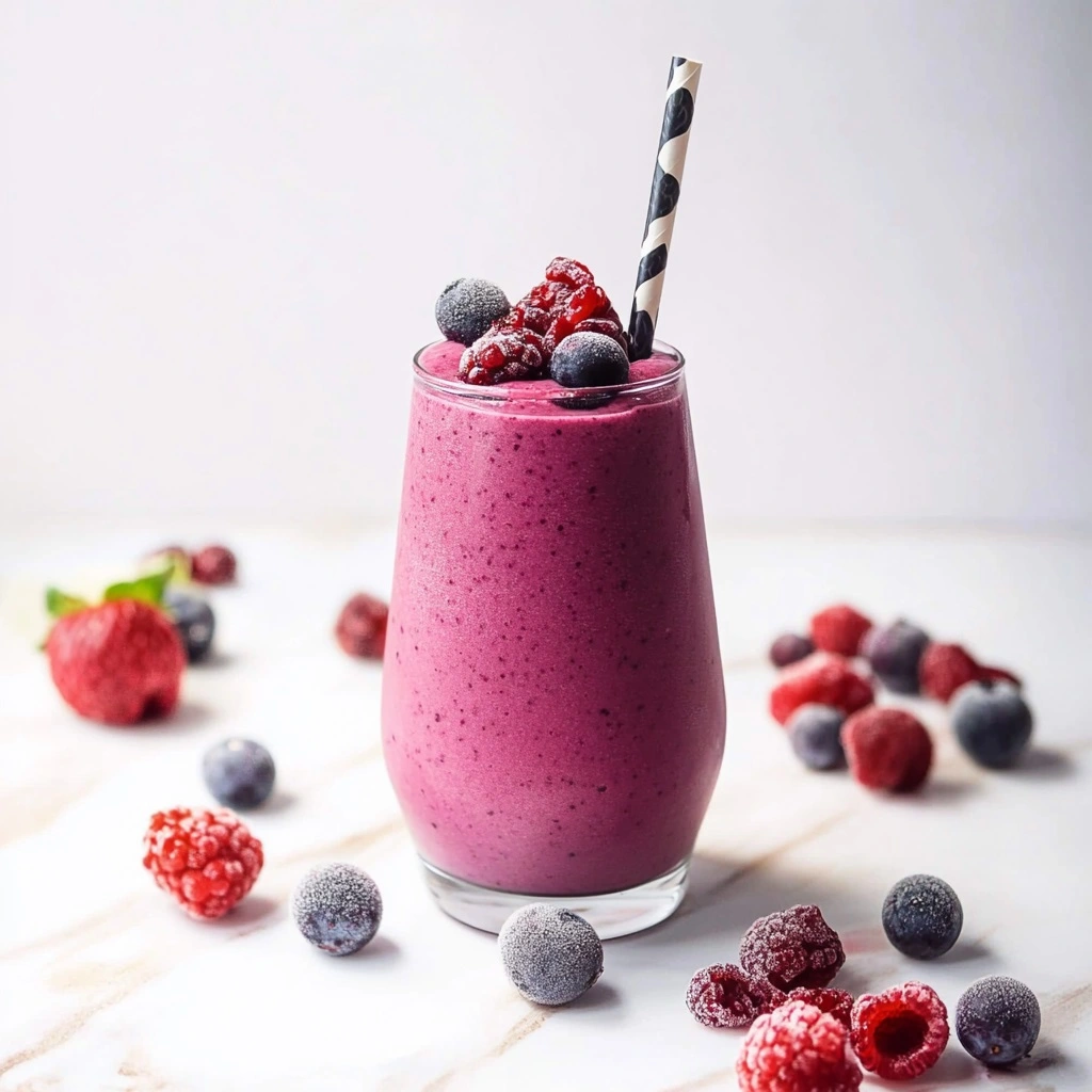 Vibrant purple berry protein smoothie in glass with straw, fresh berries and chia seeds on wooden table