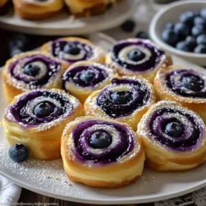 Freshly baked blueberry cheesecake swirl rolls with cream cheese glaze on a white plate.
