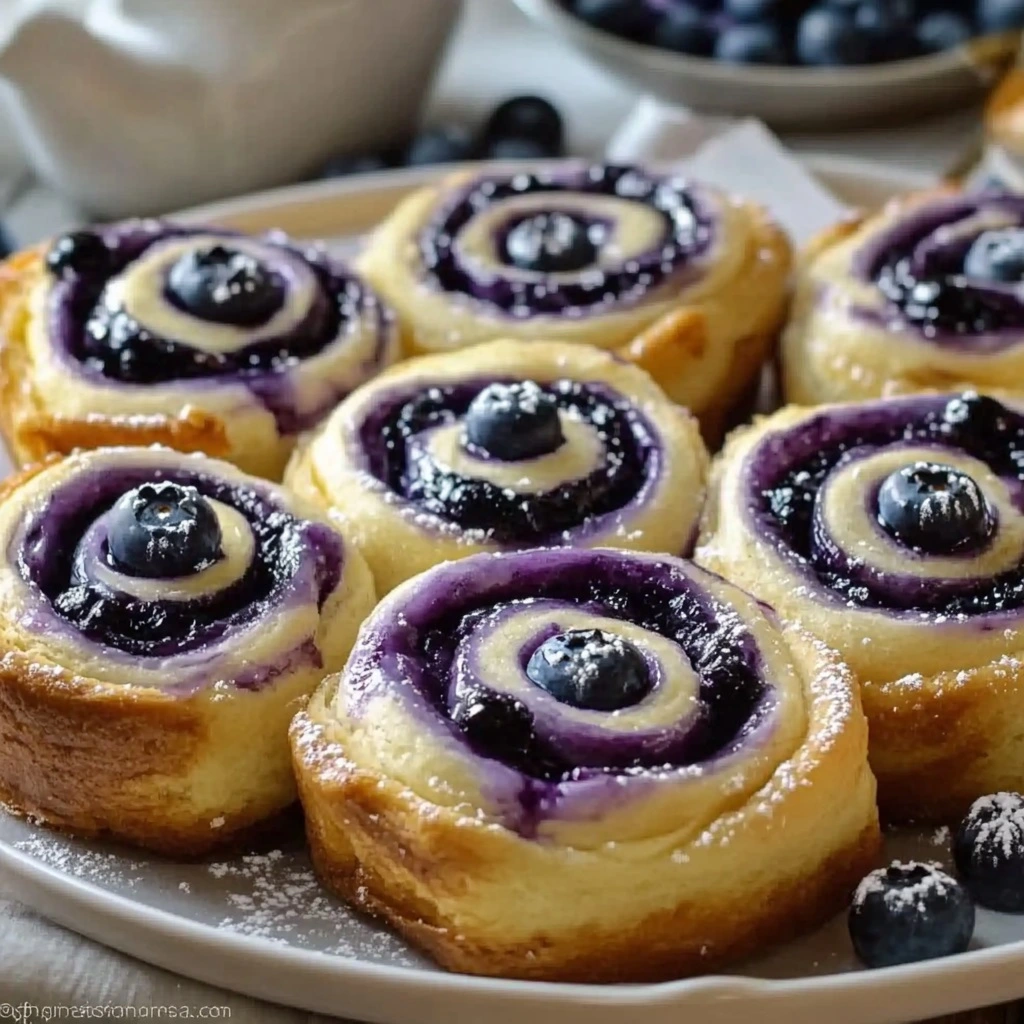 Close-up of blueberry cheesecake swirl rolls with dripping glaze and fresh blueberries.