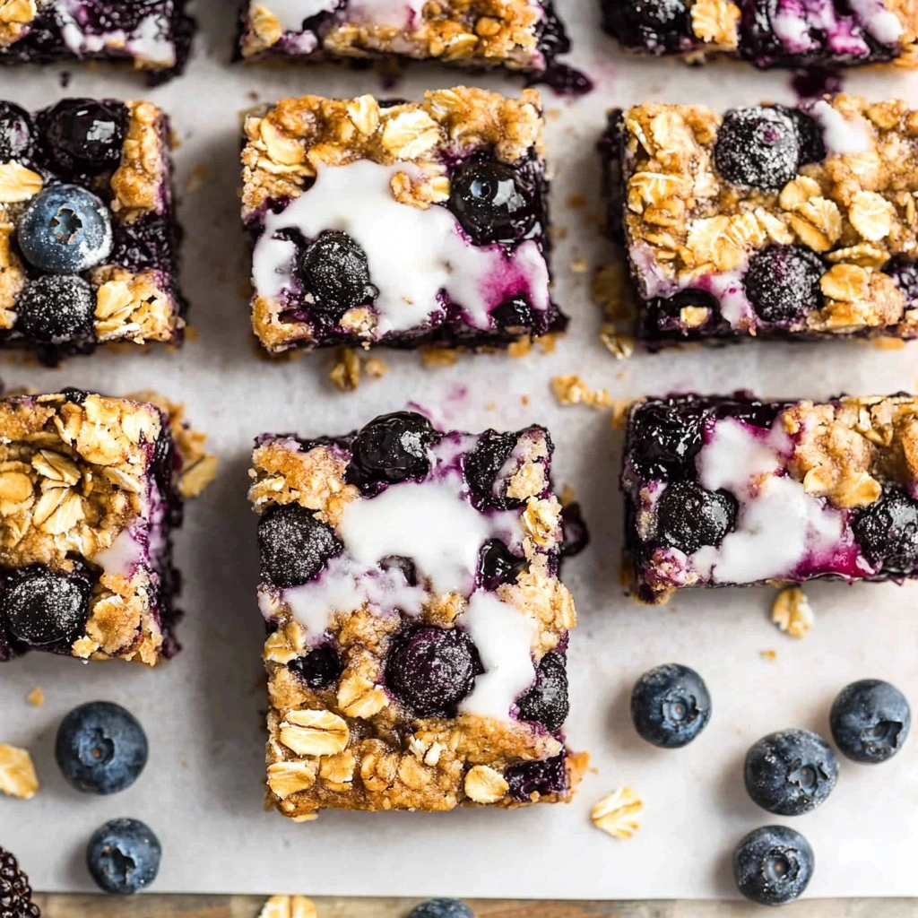 Close-up of juicy blueberry filling between oat layers in square bar