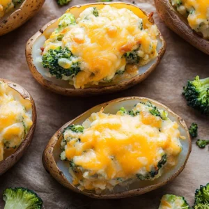 Crispy Broccoli Cheddar Twice Baked Potatoes with golden cheese topping