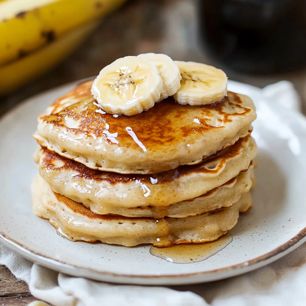 Fluffy brown sugar banana pancakes stacked high with melted butter and syrup dripping down.