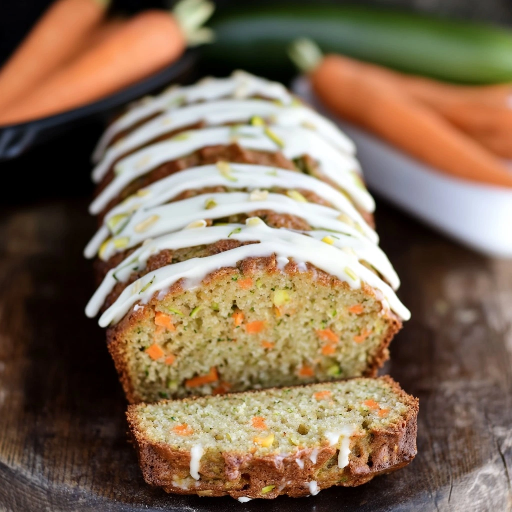 Whole loaf of carrot apple zucchini bread with cinnamon sprinkle on rustic table