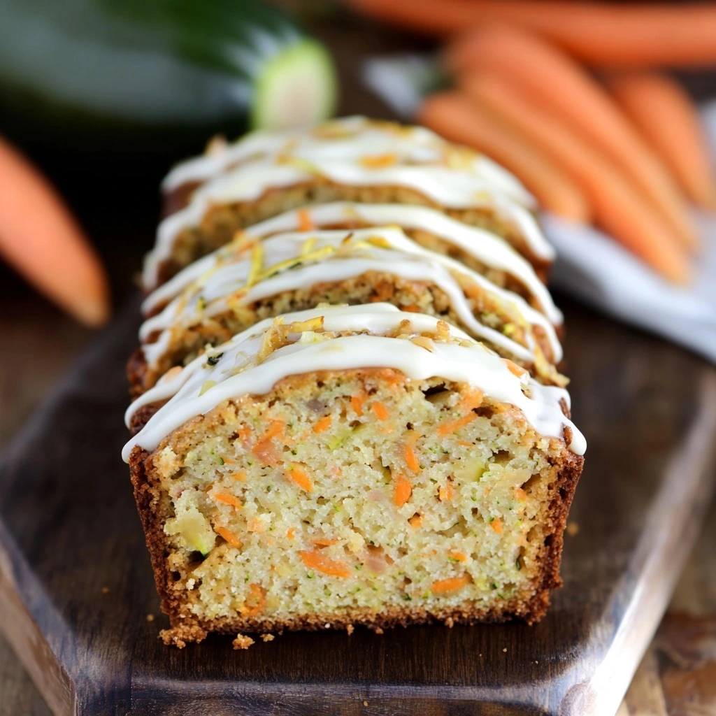Slice of carrot apple zucchini bread on wooden board with visible veggie shreds