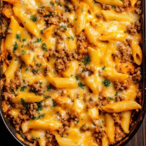 Golden bubbly ground beef casserole in ceramic dish with melted cheese and parsley garnish