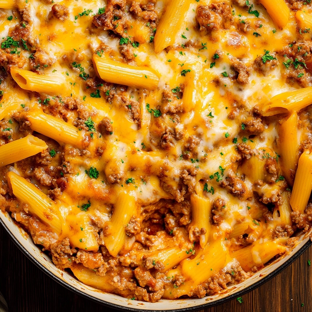 Close-up of ground beef casserole slice showing layers of pasta, beef, and gooey cheese