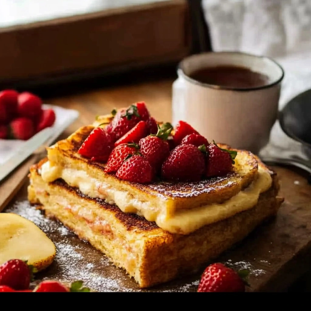 Stack of cream cheese stuffed French toast with syrup drizzle and fresh berries
