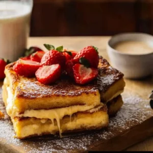 Close-up cross-section of stuffed French toast showing creamy center