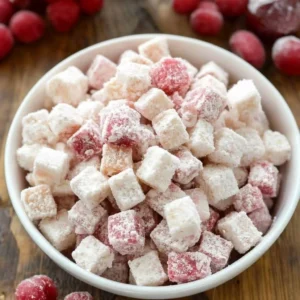 Close-up of Cherry Cheesecake Puppy Chow with powdered sugar and graham cracker crumbs.
