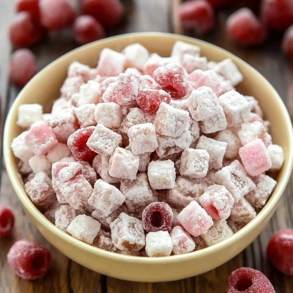 Cherry_Cheesecake_Puppy_2 Sweet and tangy Cherry Cheesecake Puppy Chow in a white bowl with freeze-dried cherries on top