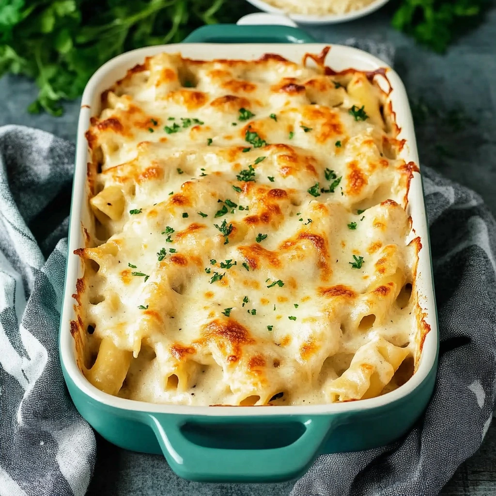 Golden bubbly chicken Alfredo bake in white ceramic dish with melted cheese and parsley garnish