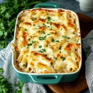 Close-up of chicken Alfredo bake slice showing creamy sauce and tender chicken