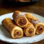Golden-brown cinnamon roll French toast roll-ups drizzled with vanilla glaze on a white plate.