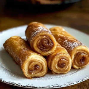 Golden-brown cinnamon roll French toast roll-ups drizzled with vanilla glaze on a white plate.