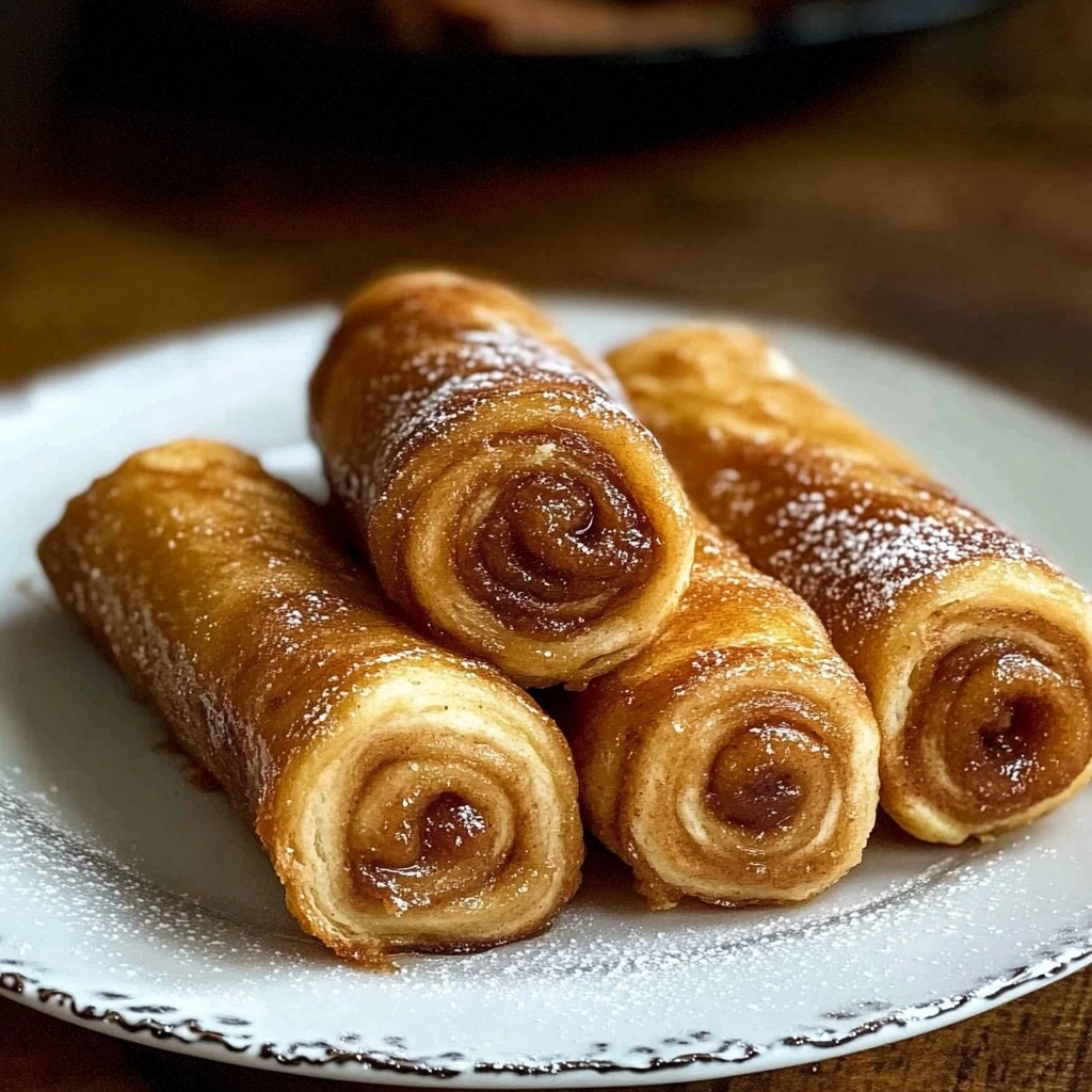 Golden-brown cinnamon roll French toast roll-ups drizzled with vanilla glaze on a white plate.