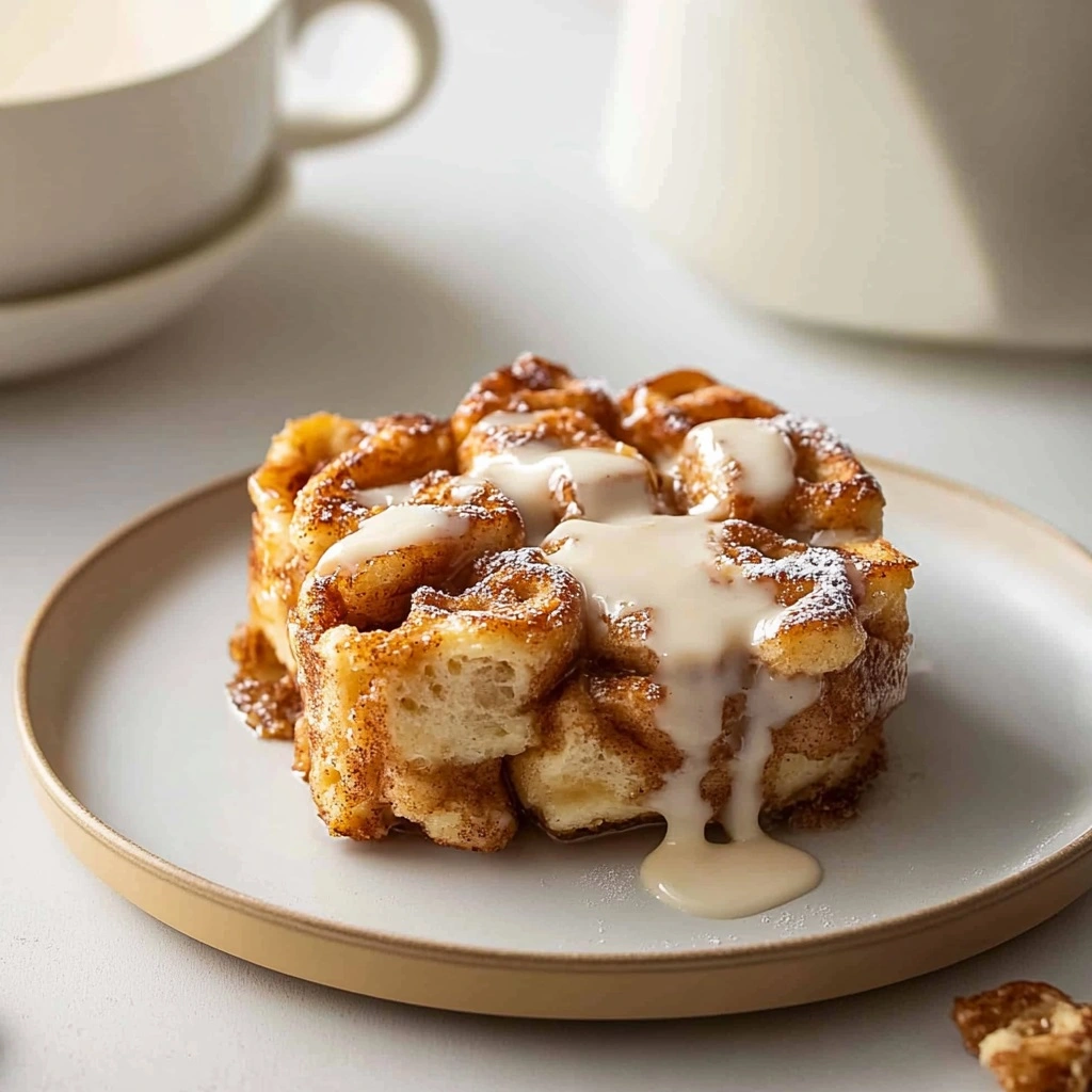 Stack of cinnamon roll French toast with cream cheese glaze dripping down sides