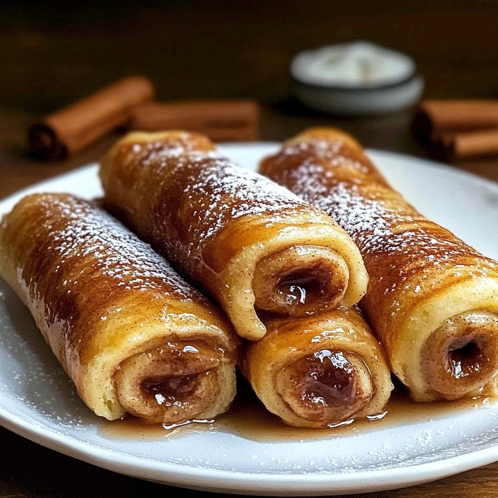 Close-up of crispy French toast roll-ups filled with cinnamon sugar, topped with powdered sugar.
