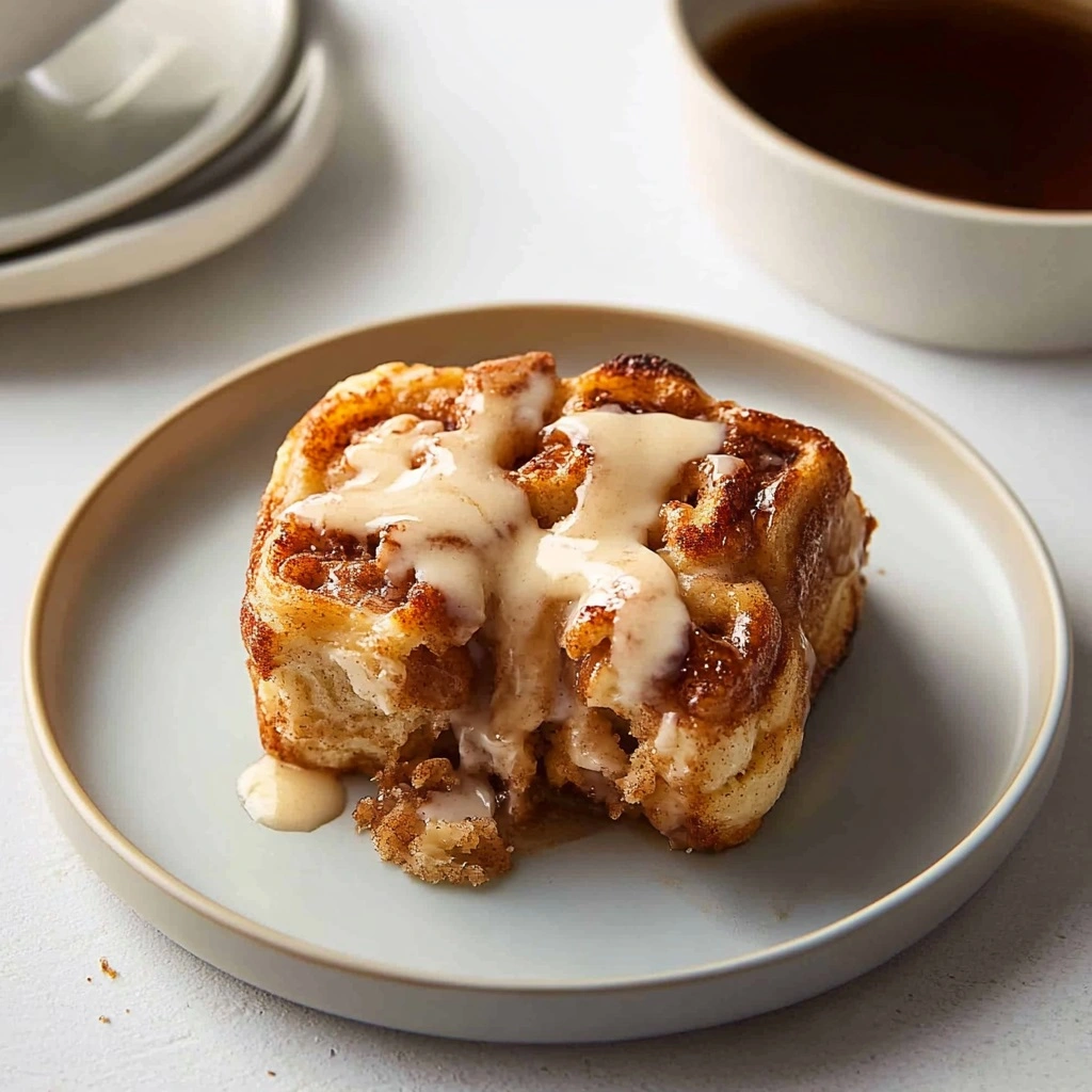 Close-up of cinnamon roll French toast bite pulling apart to show fluffy interior
