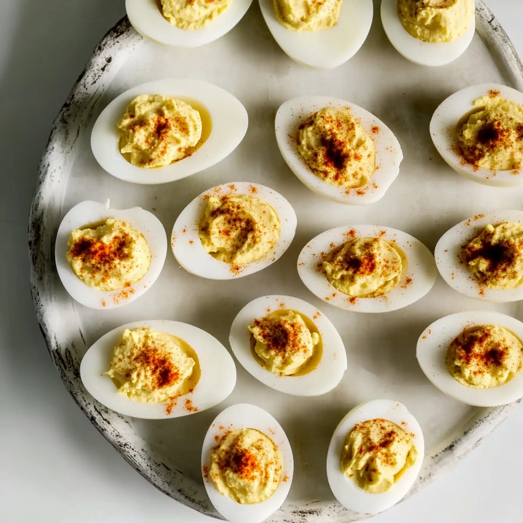Classic deviled eggs with creamy filling and paprika garnish on marble slab