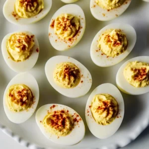 Close-up of deviled egg cross-section showing smooth yolk mixture