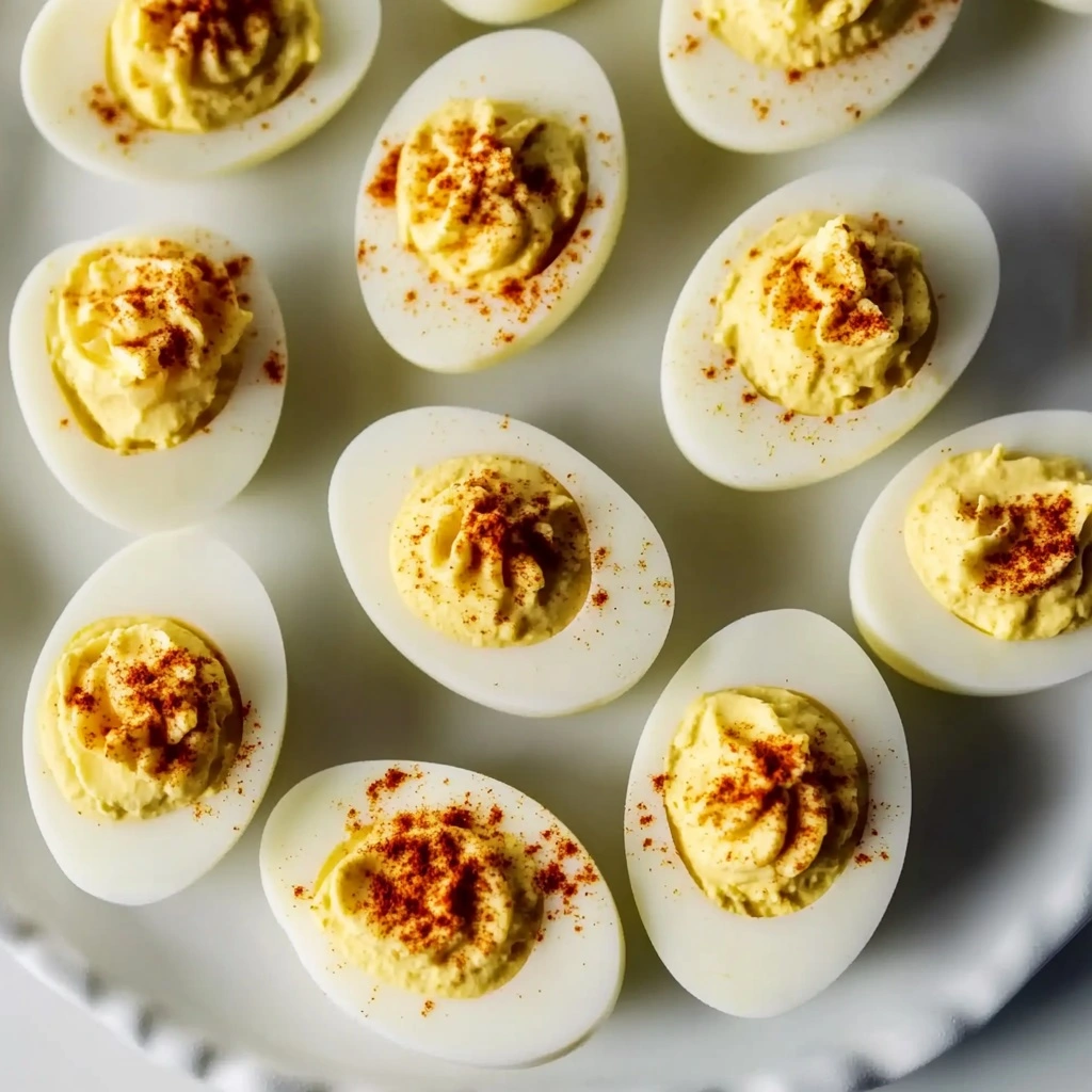 Close-up of deviled egg cross-section showing smooth yolk mixture