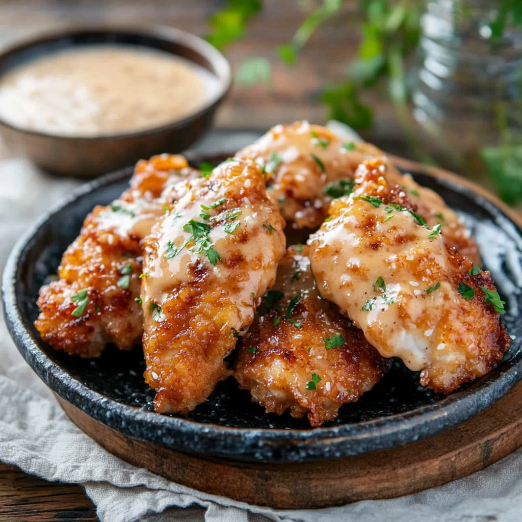 Golden crispy Bang Bang Chicken bites drizzled with creamy spicy sauce on a white plate.