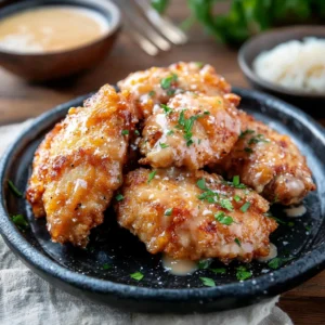 Close-up of Bang Bang Chicken with sauce dripping, garnished with sesame seeds and scallions.