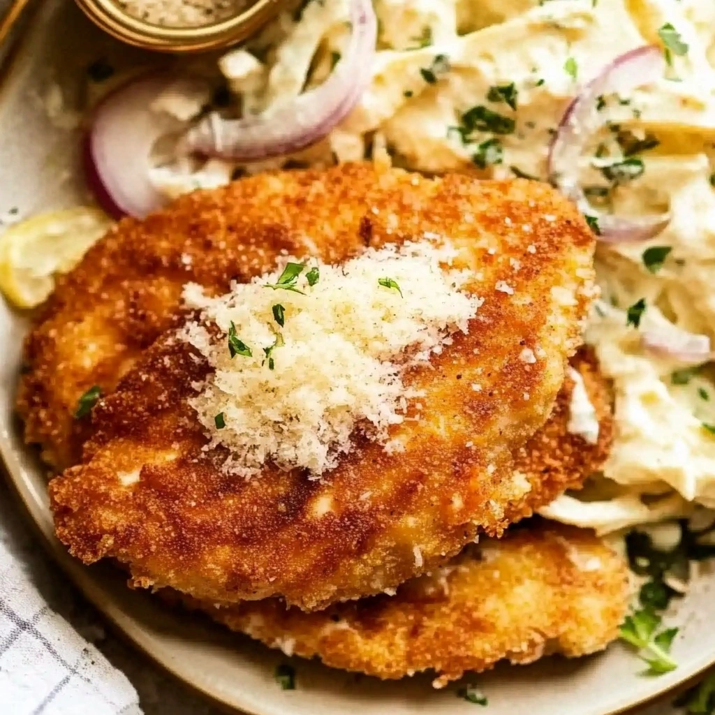 Golden brown Crispy Parmesan Chicken cutlets with melted cheese crust, served on a white plate with lemon wedges.