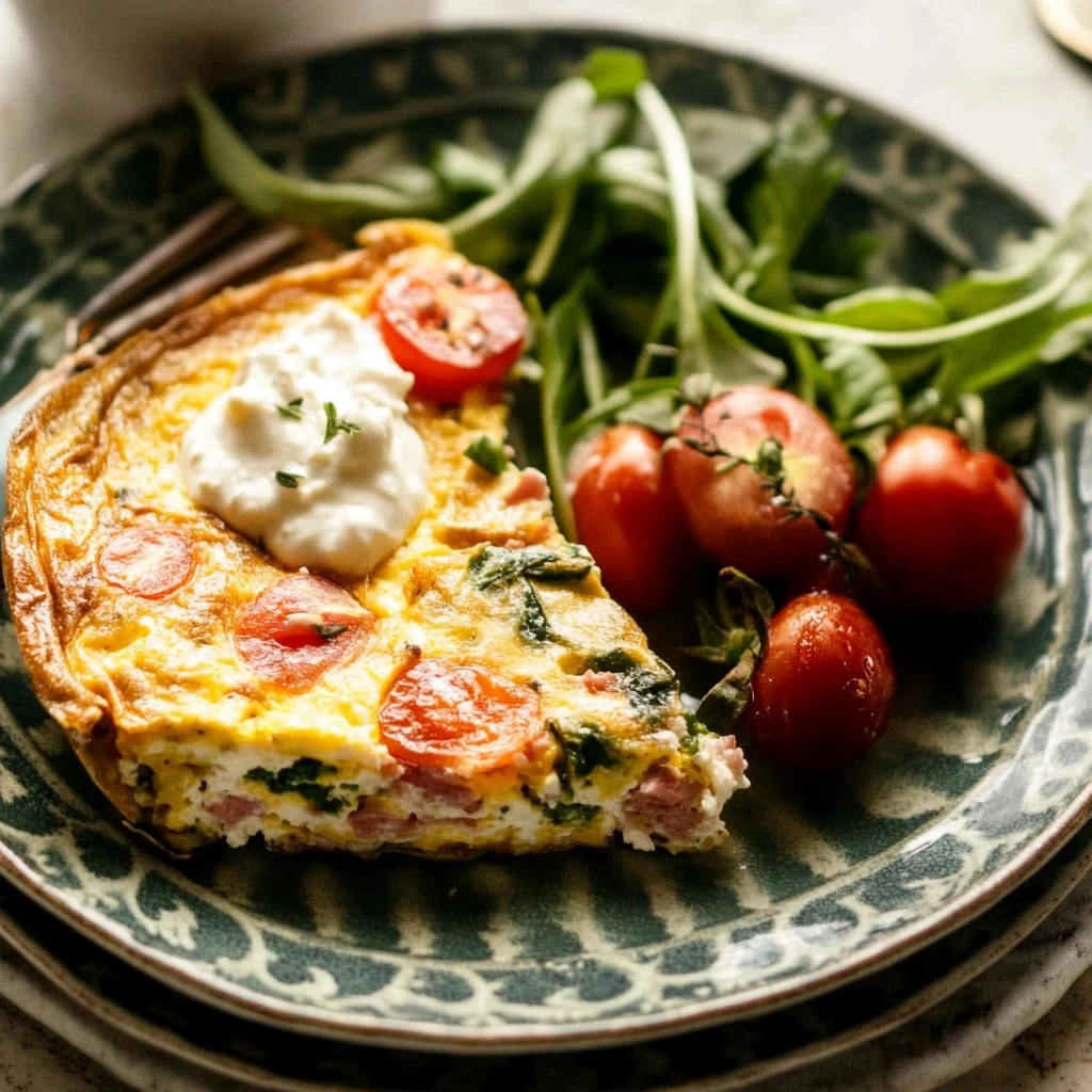 Slice of vegetable frittata with tomatoes and basil on white plate
